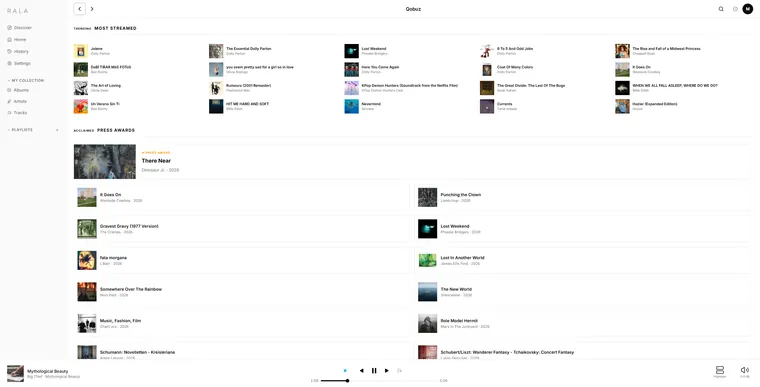 Rala on the desktop: a Qobuz library of albums and tracks, with one playing.